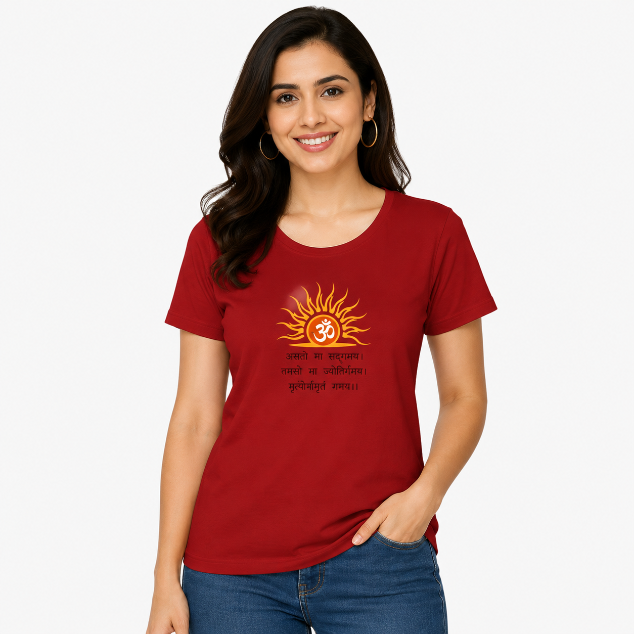 NAYAAH Premium Women's Classic 100% Cotton 180 GSM Regular Fit T-Shirt – Soft Breathable Everyday Essential Wear - Om | Red