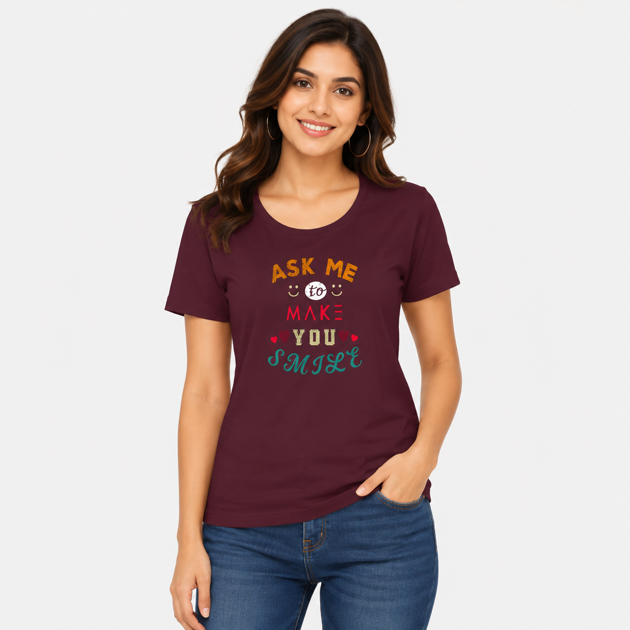 NAYAAH Premium Women's Classic 100% Cotton 180 GSM Regular Fit T-Shirt – Soft Breathable Everyday Wear - Make You Smile Maroon