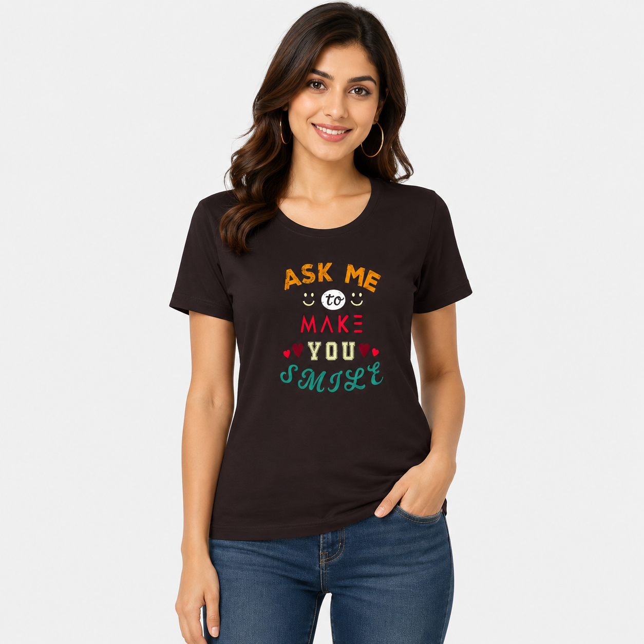 NAYAAH Premium Women's Classic 100% Cotton 180 GSM Regular Fit T-Shirt – Soft Breathable Everyday Wear - Make You Smile | Coffee Brown