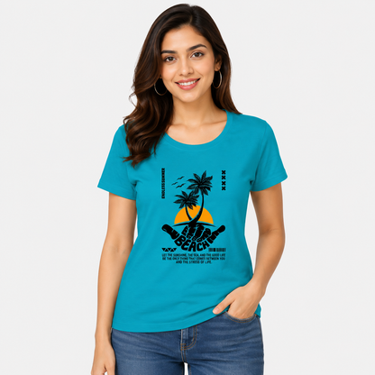 NAYAAH Premium Women's Classic 100% Cotton 180 GSM Regular Fit T-Shirt – Soft Breathable Everyday Wear - Beach | Sky Blue