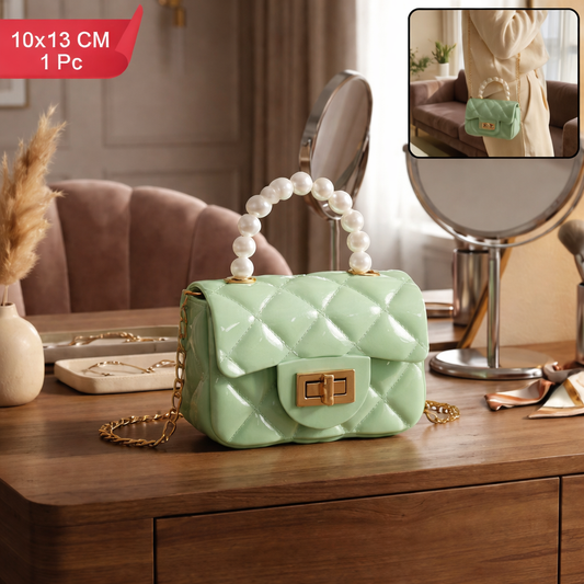 Elegant Quilted Mini Handheld &; Sling Fashion Handbag with Pearl Handle and Chain Strap – Stylish Compact Bag for Daily Wear & Special Occasions (1 pc)