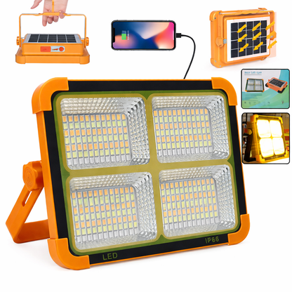 Solar LED Flood Light – 4 Panel High Power Rechargeable Outdoor Lamp with USB Charging (1 Pc)