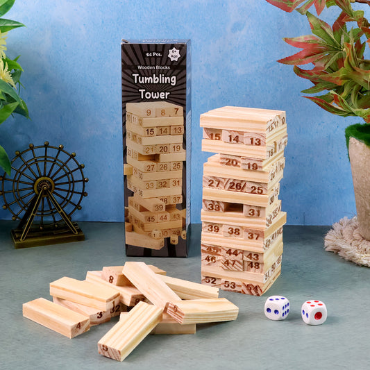 Wooden Tumbling Tower Game - 54 Numbered Blocks with 2 Dice – Classic Family Tabletop Stacking Game (Kids & Adults)