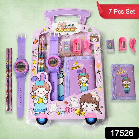 17526 Stationery Set For Girls And Boys Kids Return Gift - 7 In 1 School Items For Kids-pencils Eraser Sharpener Pouch Pencil Extender Birthday Gift Idea Stationary Kit Set For School Kids (Pack Of 7 Pcs Set)
