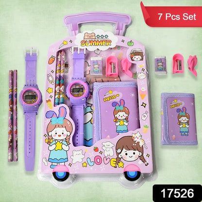 17526 Stationery Set For Girls And Boys Kids Return Gift - 7 In 1 School Items For Kids-pencils Eraser Sharpener Pouch Pencil Extender Birthday Gift Idea Stationary Kit Set For School Kids (Pack Of 7 Pcs Set)