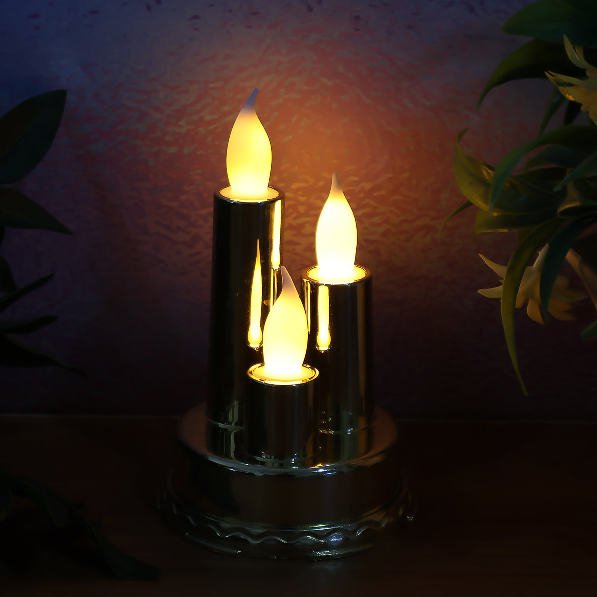 Golden LED Flameless Candle Lamp with Triple Candle Design, Battery Operated Flickering Electronic Candle Light for Home Decor, Diwali, Pooja Room, Christmas, Weddings, Parties and Festive Gifting (1 Pc)