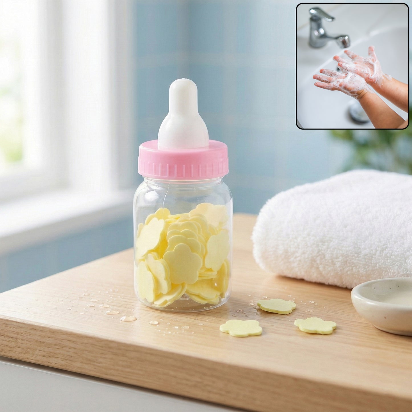 Portable Baby Bottle Shape Hand Wash Soap Paper Sheets Set for Travel, Outdoor and Daily Hygiene – 1 Set