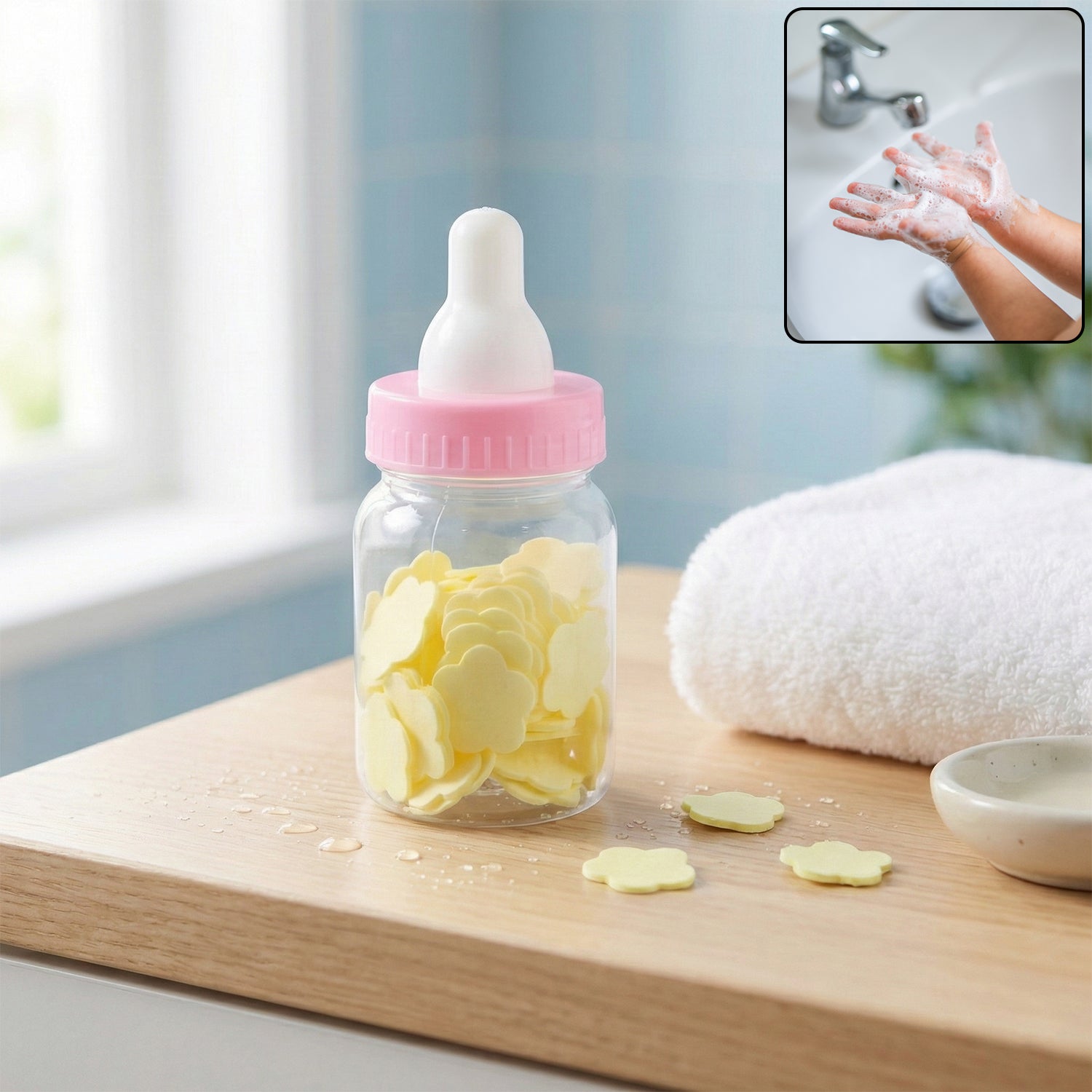 Portable Baby Bottle Shape Hand Wash Soap Paper Sheets Set for Travel, Outdoor and Daily Hygiene – 1 Set