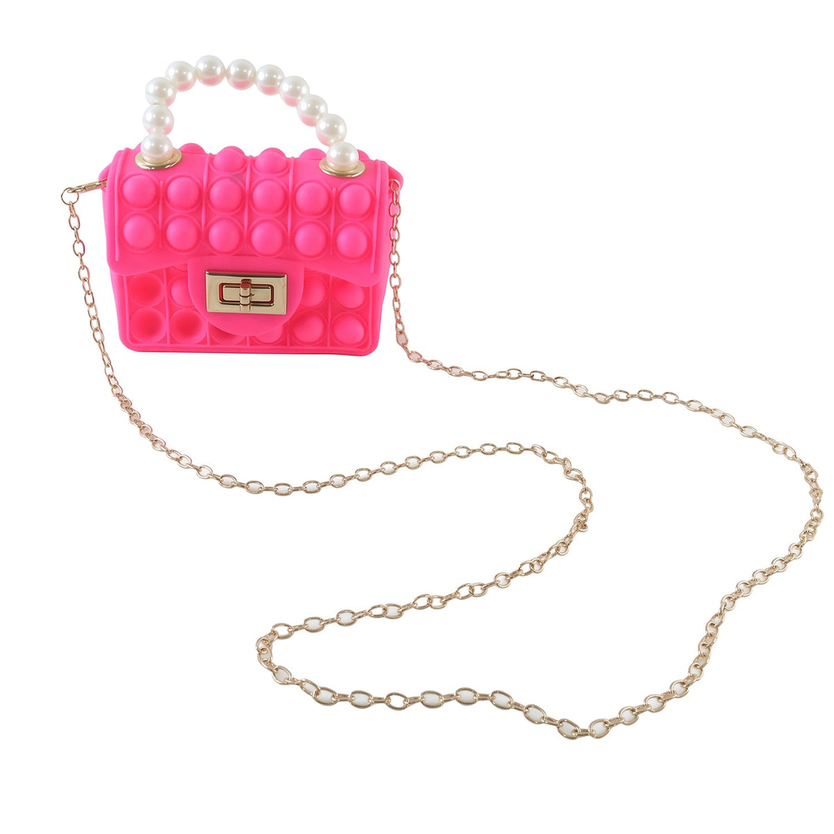 Kids Pop It Fidget Purse Silicone Push Bubble Sling Bag with Pearl Handle and Chain Strap Cute Mini Handbag for Girls Party Gift (1 Pc)