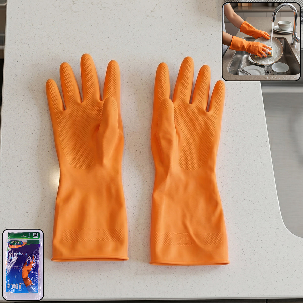 Medium Victor Orange Rubber Cleaning Gloves for Dishwashing and Household Cleaning, Reusable Waterproof Gloves for Kitchen, Bathroom and Daily Chores (1 Pair)