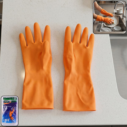 Medium Victor Orange Rubber Cleaning Gloves for Dishwashing and Household Cleaning, Reusable Waterproof Gloves for Kitchen, Bathroom and Daily Chores (1 Pair)