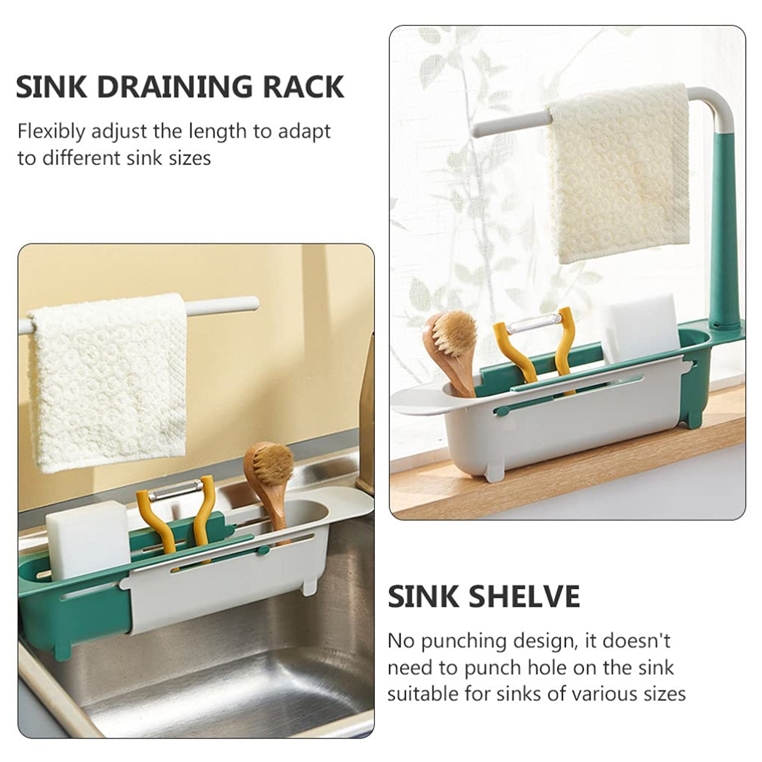 Expandable Kitchen Sink Drying Basket Rack Adjustable Drain Storage Organizer for Sponge, Soap, Brush and Dishwashing Essentials (1 Pc)