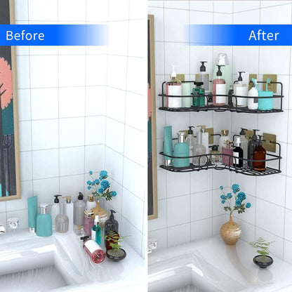 Metal Corner Shower Shelf Set of 2 with 4 Adhesive Hooks, No-Drill Wall-Mounted Bathroom Organizer with Black Finish for Shampoo, Soap, Toiletries and Kitchen Storage