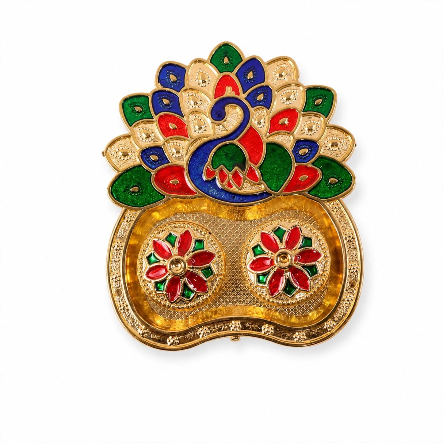 Peacock Shaped Kankavati Kumkum Holder, Decorative Golden Roli Chawal Box with Lidded Containers for Puja, Tilak, Home Temple and Festive Rituals (1 Pc)
