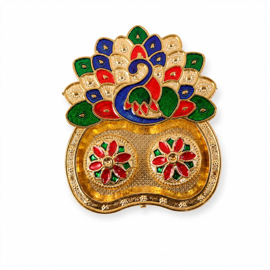 Peacock Shaped Kankavati Kumkum Holder, Decorative Golden Roli Chawal Box with Lidded Containers for Puja, Tilak, Home Temple and Festive Rituals (1 Pc)