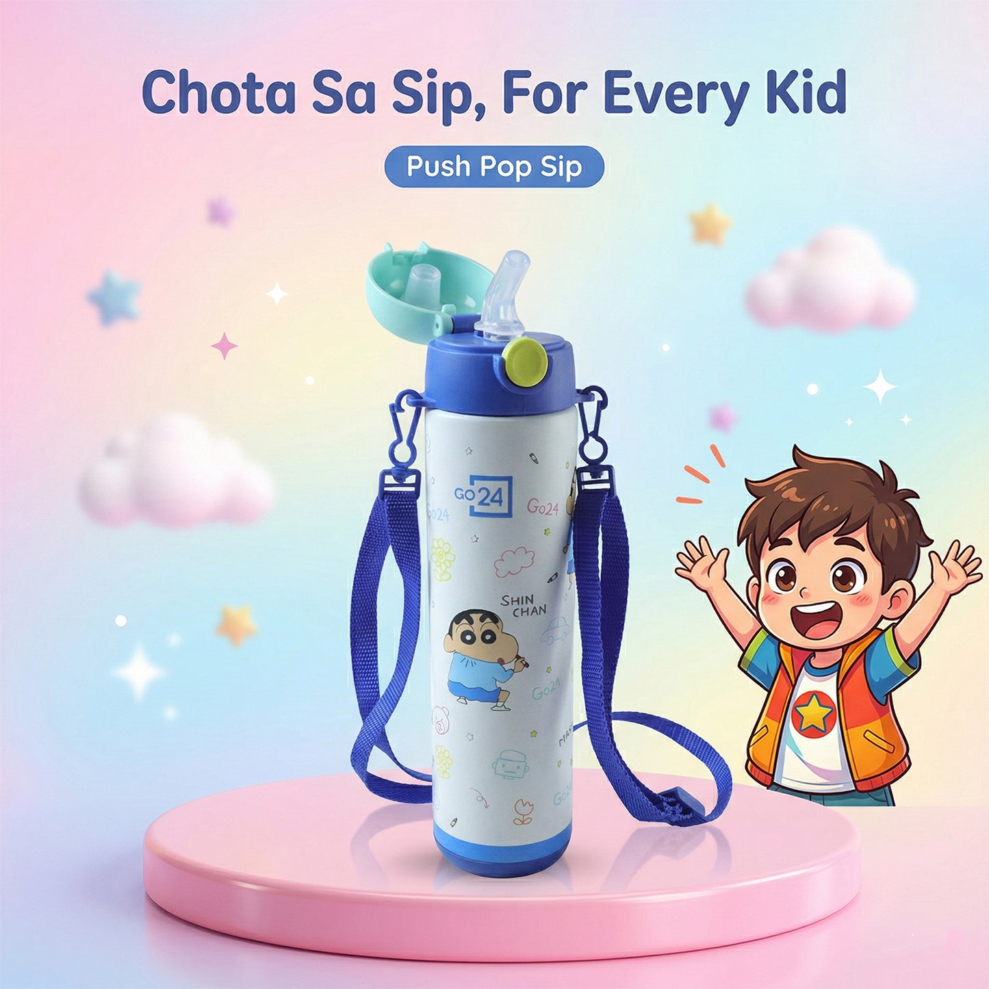 Pexpo Kids Stainless Steel School Water Bottle 500 ML Leakproof Cartoon Printed Sipper Bottle with Carry Strap for School Travel and Daily Use