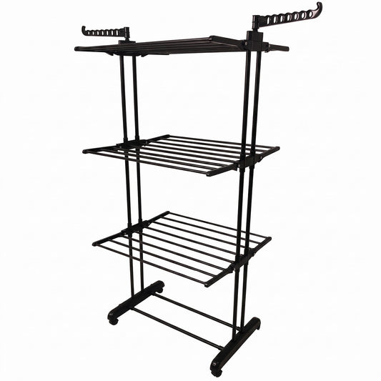 Metal Expandable Garment Rack 3 Layer Cloth Drying Stand with Wheels Foldable Laundry Rack Side Hangers for Indoor Outdoor Balcony Home (1 Pc)