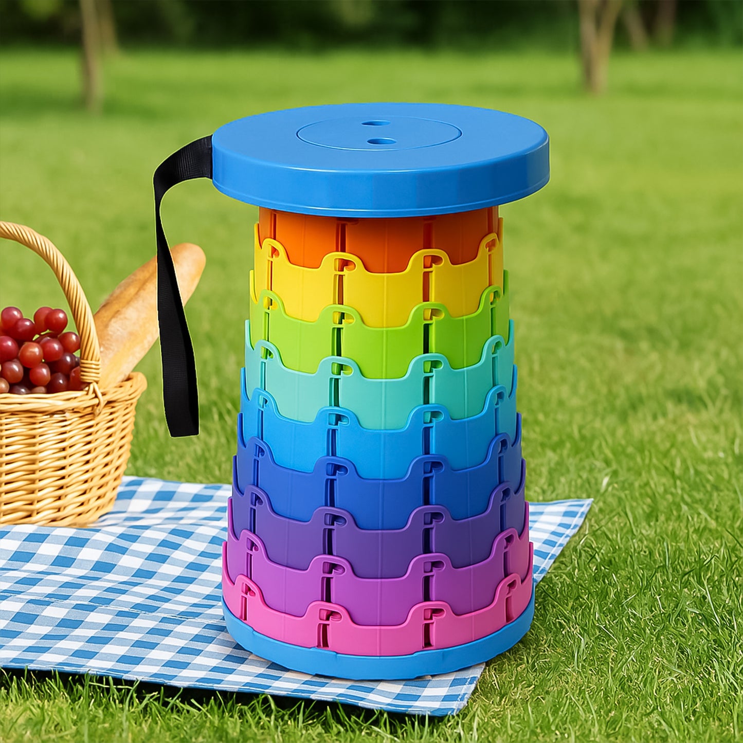 Portable Telescopic Folding Stool – Adjustable Height Collapsible Travel Chair with Carry Strap for Camping, Picnic, Fishing, Outdoor and Home Use (Rainbow Design)