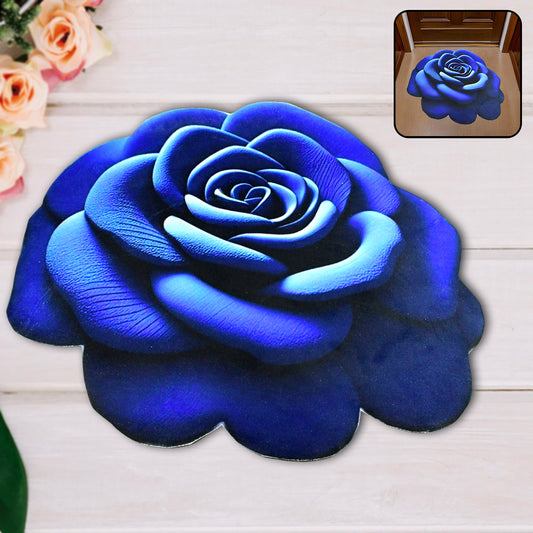 Luxury 3D Blue Rose Shaped Anti-Slip Velvet Floor Mat/ Doormat – Soft Touch Decorative Rug for Living Room, Bedroom & Entrance