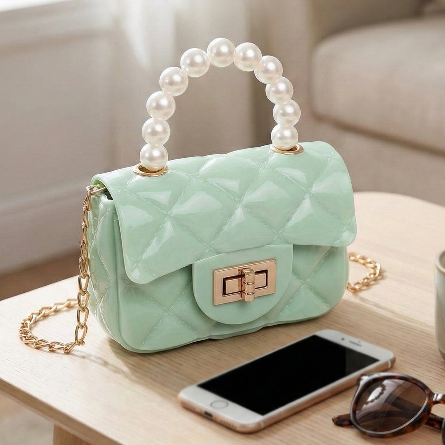 Elegant Quilted Mini Handheld &; Sling Fashion Handbag with Pearl Handle and Chain Strap – Stylish Compact Bag for Daily Wear & Special Occasions (1 pc)