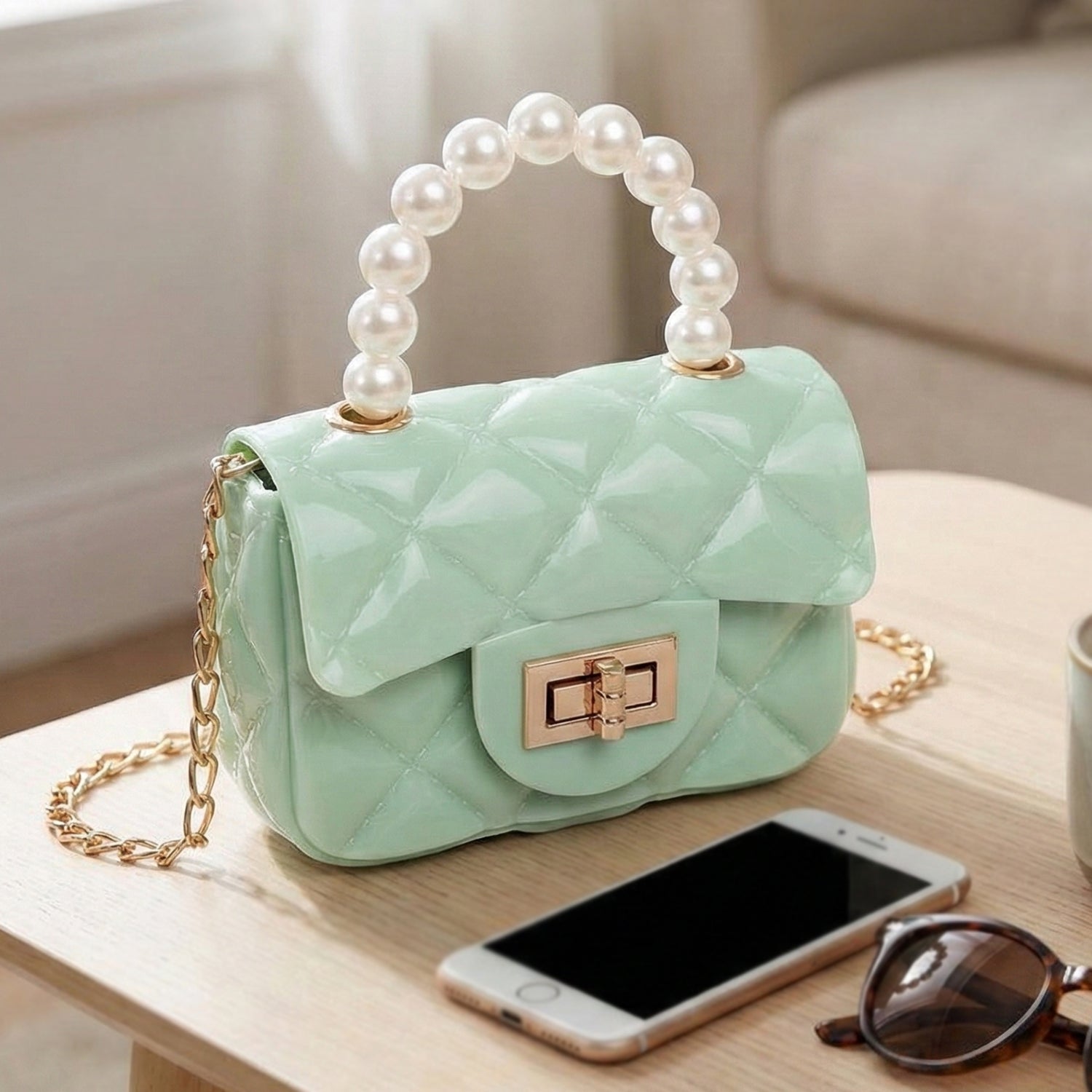 Elegant Quilted Mini Handheld &; Sling Fashion Handbag with Pearl Handle and Chain Strap – Stylish Compact Bag for Daily Wear & Special Occasions (1 pc)