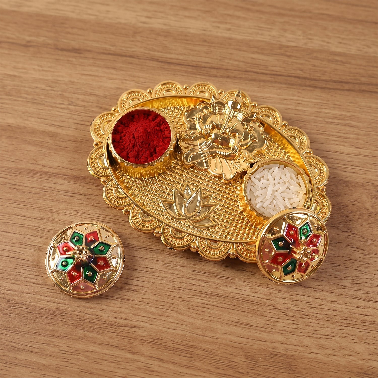 Ganesh Meenakari Kumkum Holder Golden Metal Oval Kankavati with Double Compartments for Kumkum Haldi Roli Chandan and Akshat (1 Pc)