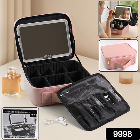 Premium LED Light Makeup Organizer Box with Touch Sensor Mirror USB Rechargeable Cosmetic Storage Case Adjustable Compartments Travel Makeup Bag with Brush Pouch (1 Pc)