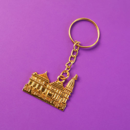 Premium Golden Metal RamMandir Keychain – Architectural Temple Design for Car, Bike, Home & Devotional Gifting (1 Pc)