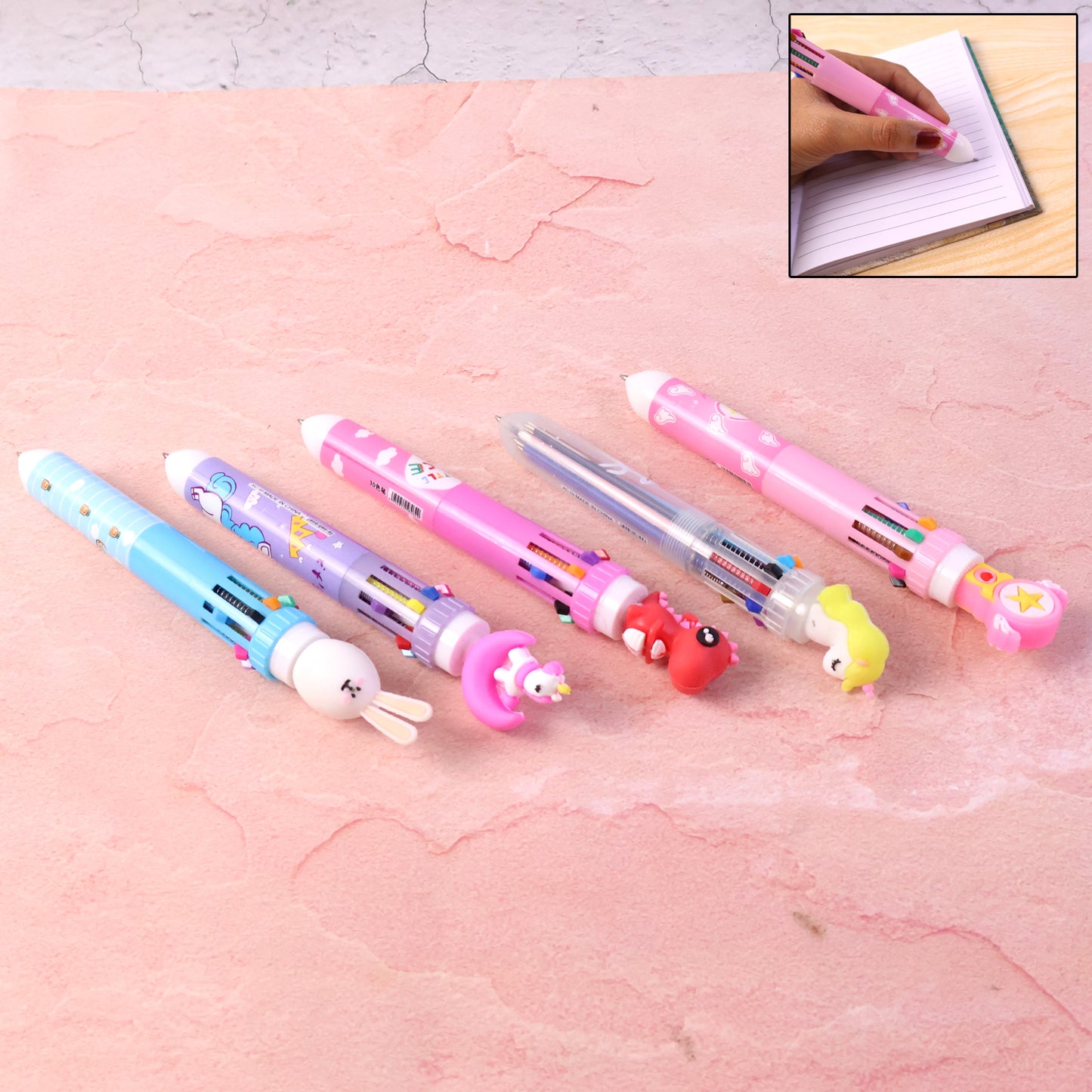 Cute Character Design 10-in-1 Multicolor Ball Pen for Writing, Drawing, Note-Making & Creative Use – Single Click Color Selector Pen with Decorative Top (1 Pc)
