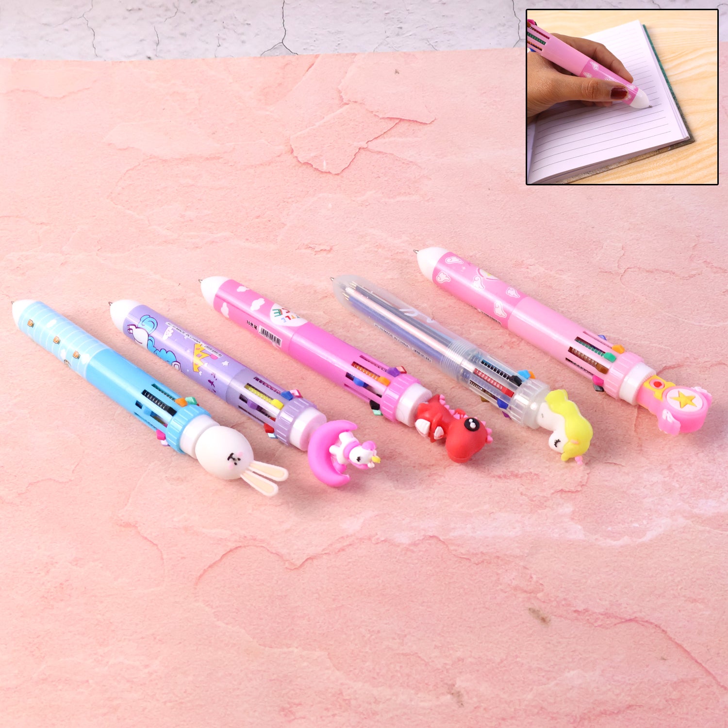 Cute Character Design 10-in-1 Multicolor Ball Pen for Writing, Drawing, Note-Making & Creative Use – Single Click Color Selector Pen with Decorative Top (1 Pc)