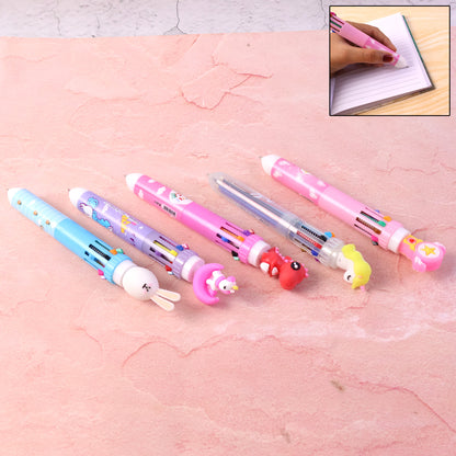 Cute Character Design 10-in-1 Multicolor Ball Pen for Writing, Drawing, Note-Making & Creative Use – Single Click Color Selector Pen with Decorative Top (1 Pc)