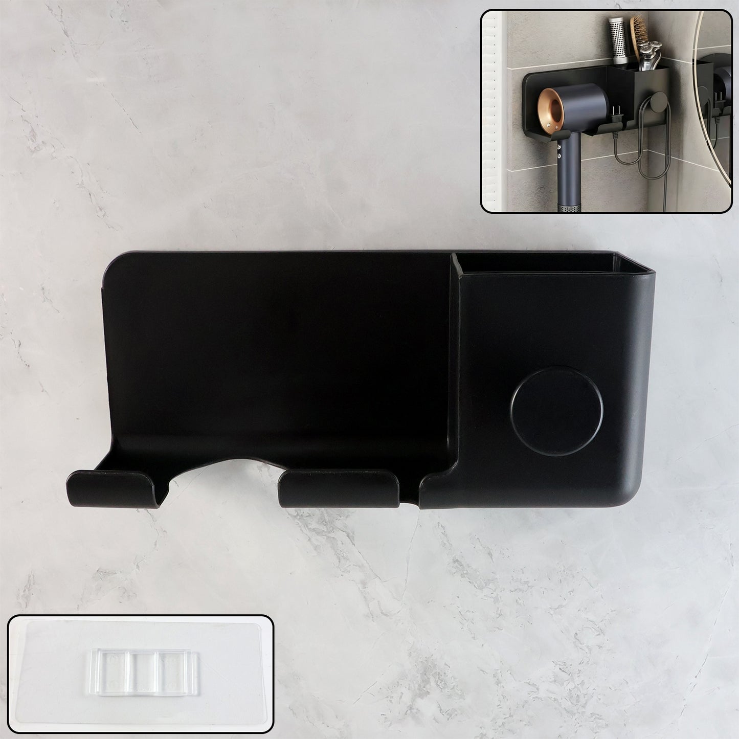 Wall Mounted Hair Dryer Holder With Multipurpose Organizer Shelf And Hook