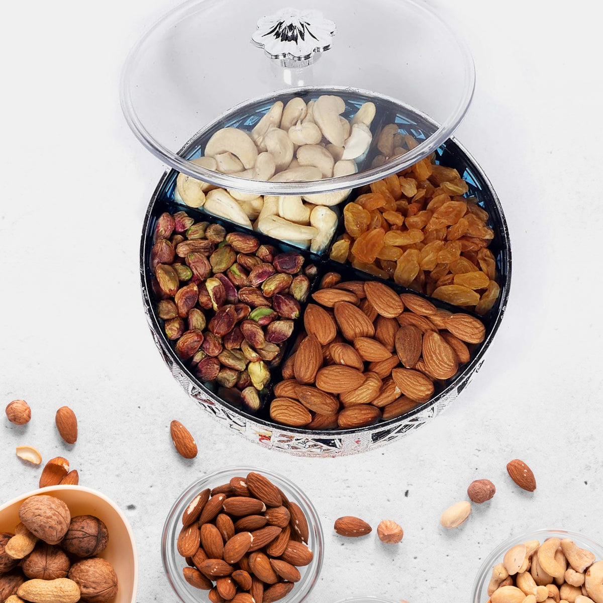 Multipurpose 4 Section Dry Fruit Box Round Silver Finish Decorative Gift Box for Dry Fruits Chocolates Sweets Snacks and Mukhwas (1 Pc)