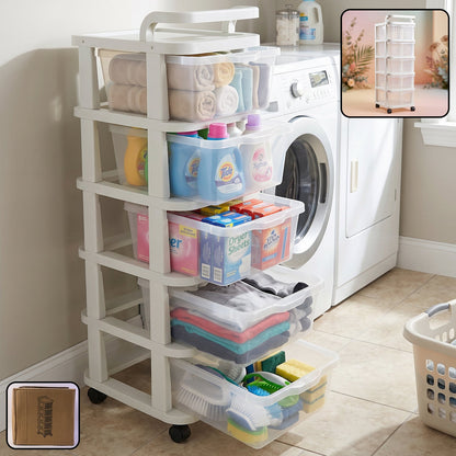 5 Layer Plastic Storage Drawer Rack with Wheels Multipurpose Rolling Organizer Cabinet for Home Kitchen Bathroom Office Bedroom and Laundry Storage (1 Pc)