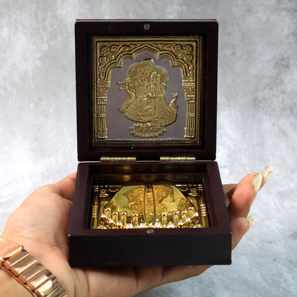 Golden Charan Paduka in Wooden Box with Radha Krishna Design for Pooja, Spiritual Gift, Home Temple and Religious Décor