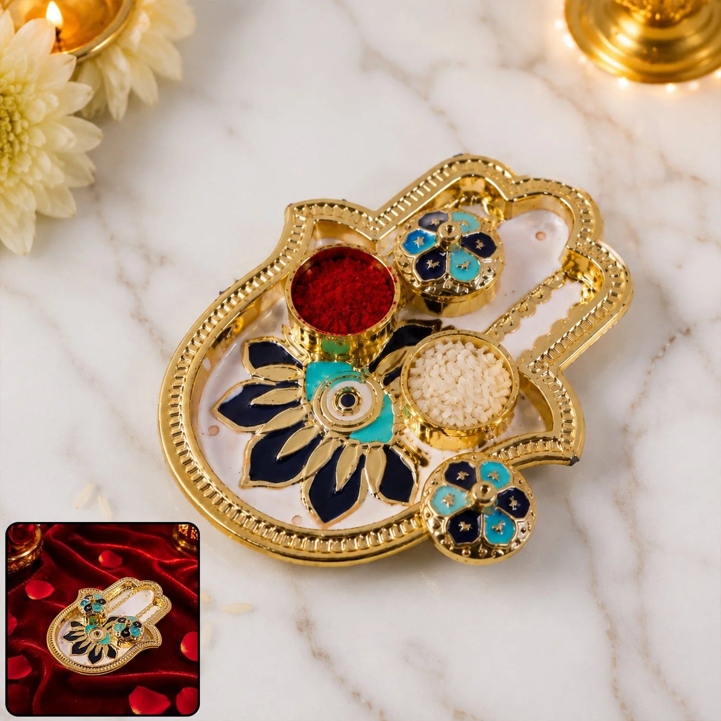 Hand Shaped Kankavati Kumkum Holder, Decorative Golden Roli Chawal Box with Lidded Containers for Puja, Tilak, Home Temple and Festive Rituals (1 Pc)