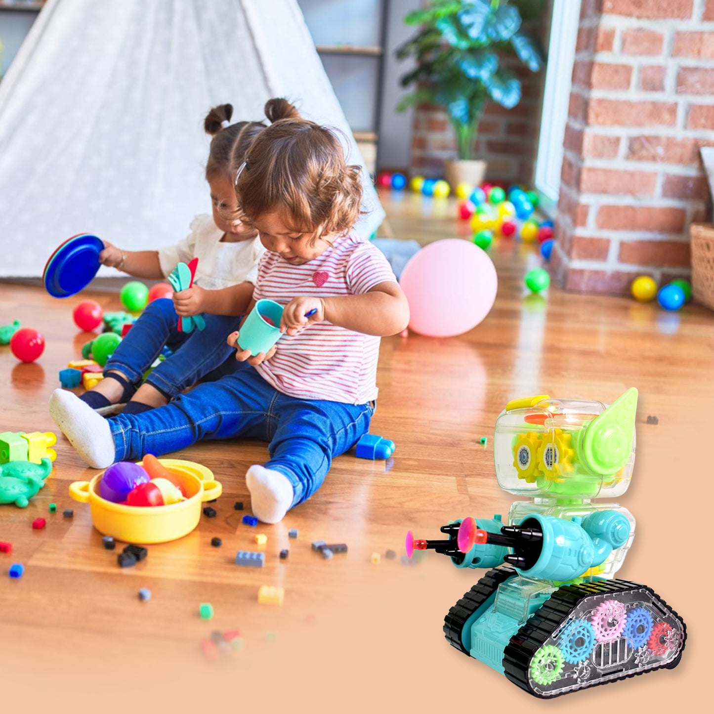 Gear Robot Car for Kids, Transparent Electric Robot with Realistic Sound &amp; Light, Bump &amp; Go Automatic Toy Robot