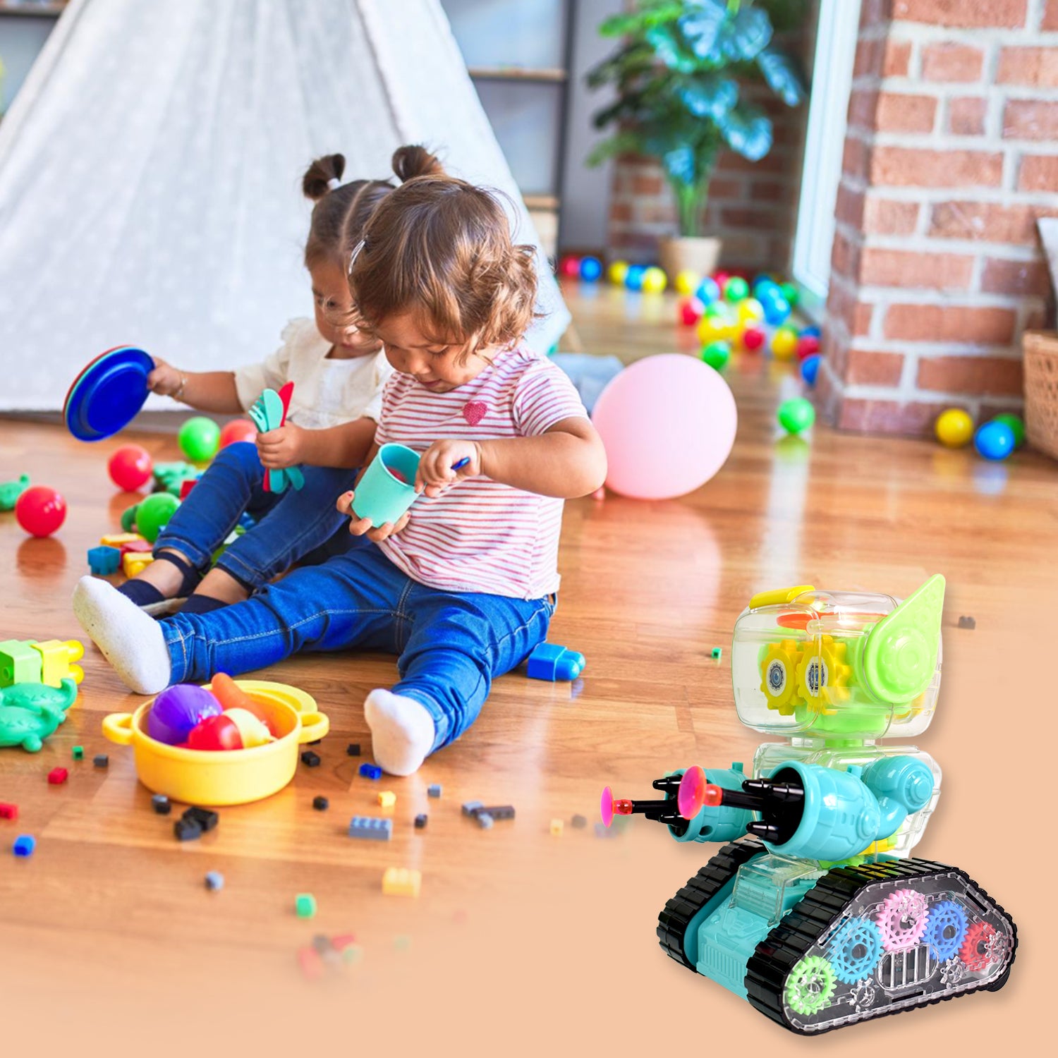 Gear Robot Car for Kids, Transparent Electric Robot with Realistic Sound &amp; Light, Bump &amp; Go Automatic Toy Robot