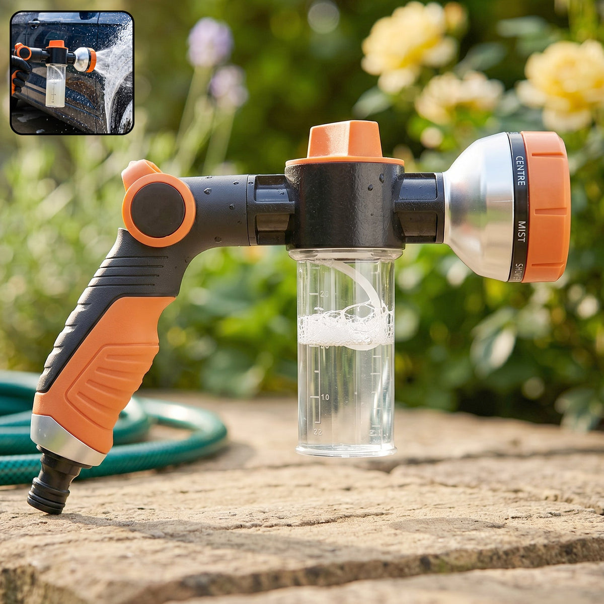Adjustable Hose Spray Nozzle with Foam Soap Bottle | Multi-Pattern Water Spray Gun for Car Washing, Garden Watering and Outdoor Cleaning