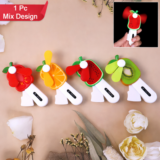Mini Hand Pressure Fruit-Shaped Fan for Kids – Portable USB Rechargeable Cooling Fan for Summer, Travel and Outdoor Activities – Cute Fruit Designs (1 Pc / Mix Design)