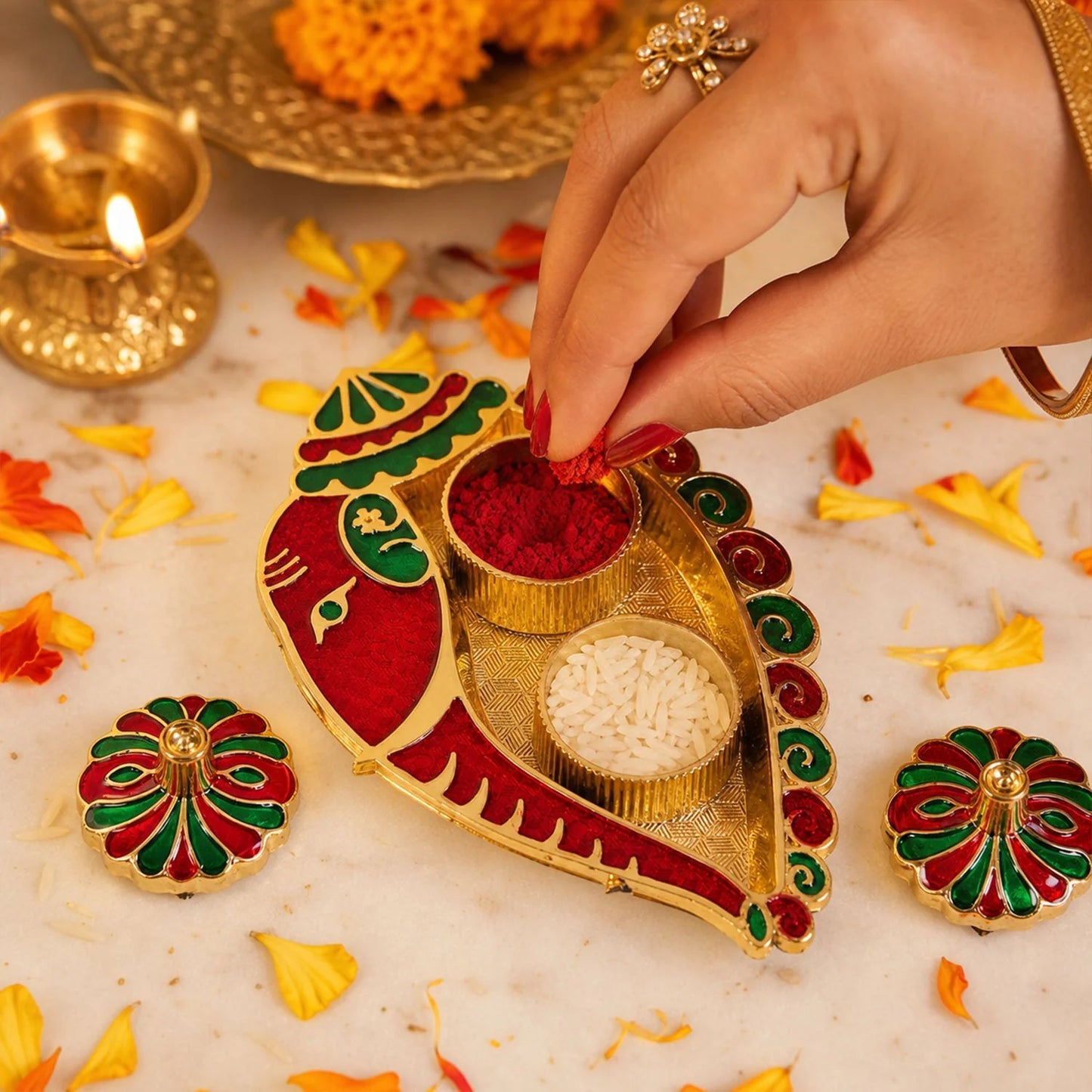 Leaf Shaped Kankavati Kumkum Holder, Decorative Golden Roli Chawal Box with Lidded Containers for Puja, Tilak, Home Temple and Festive Rituals (1 Pc)