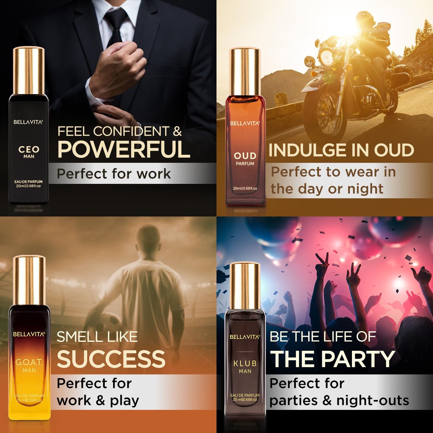 Bellavita Mens Luxury Perfume Gift Set - 4 Pc 20 ML Each