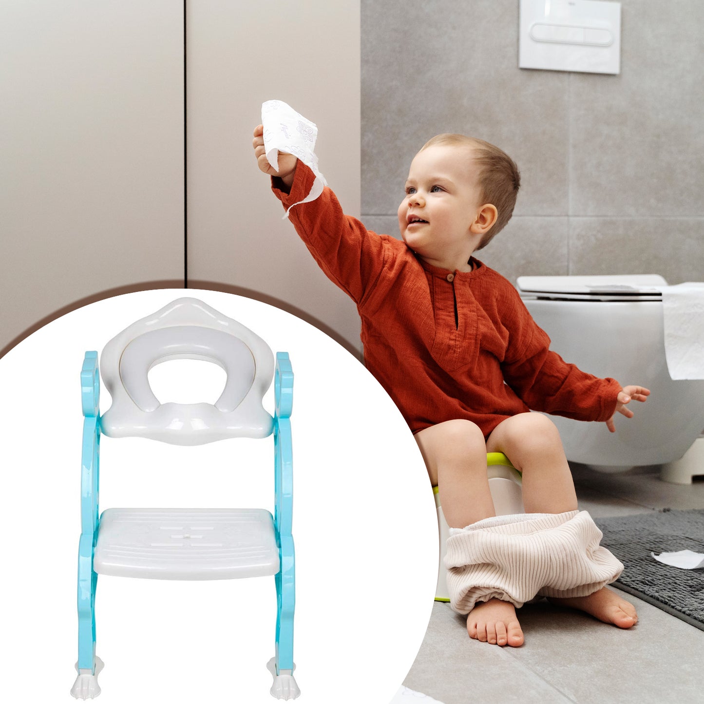 2-in-1 Potty Training Toilet Seat with Step Stool Ladder for Toddlers – Foldable Kids Toilet Training Seat with Soft Cushion, Adjustable Step and Non-Slip Design