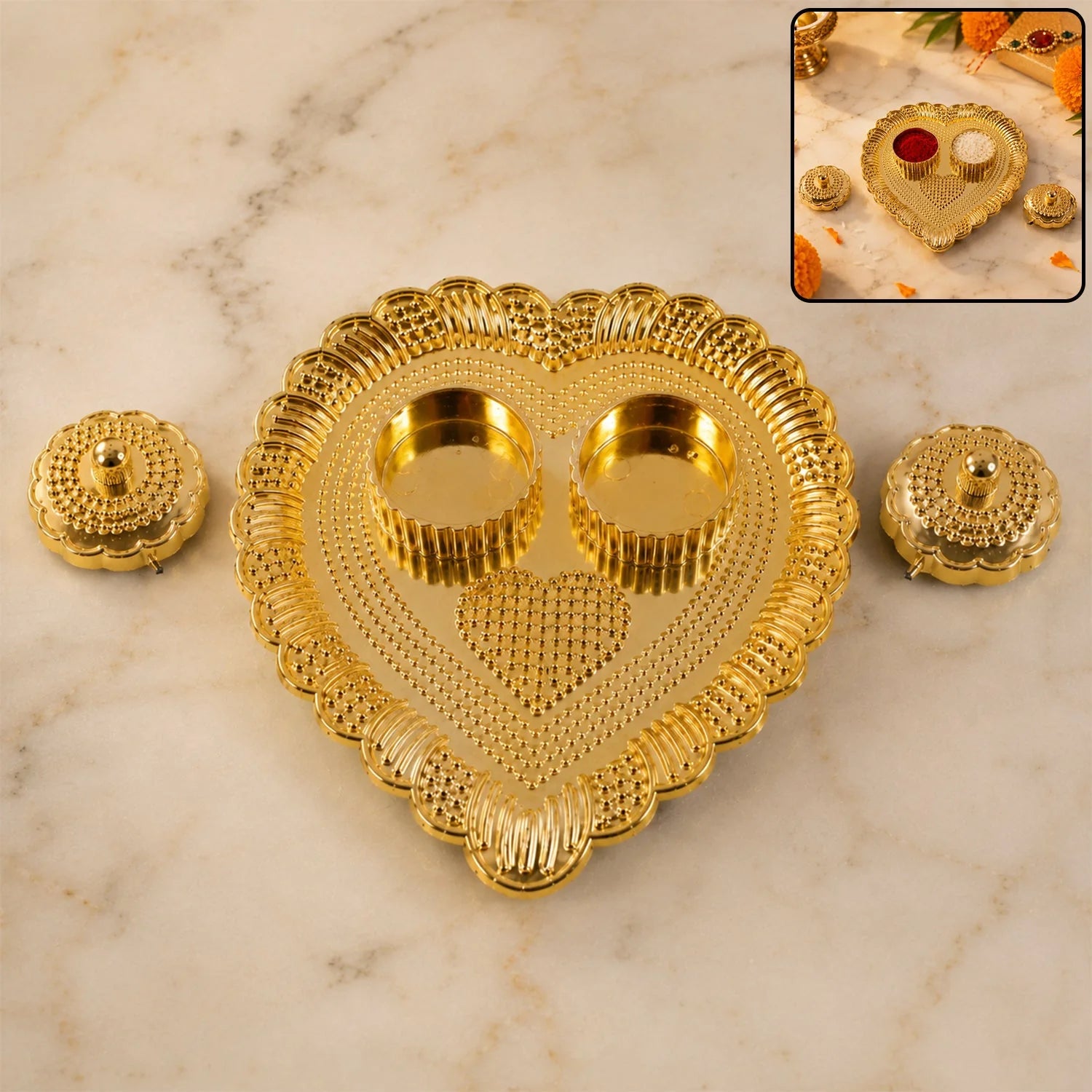 Heart Shaped Kankavati Kumkum Holder, Decorative Golden Roli Chawal Box with Lidded Containers for Puja, Tilak, Home Temple and Festive Rituals (1 Pc)
