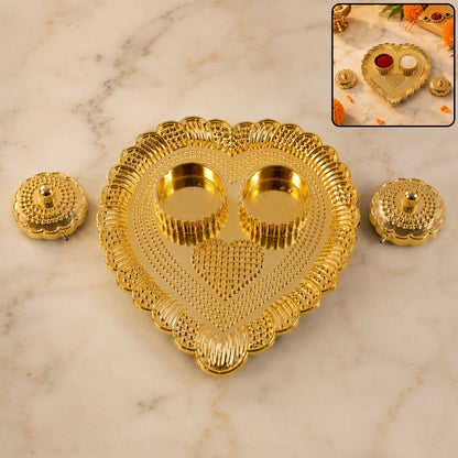 Heart Shaped Kankavati Kumkum Holder, Decorative Golden Roli Chawal Box with Lidded Containers for Puja, Tilak, Home Temple and Festive Rituals (1 Pc)