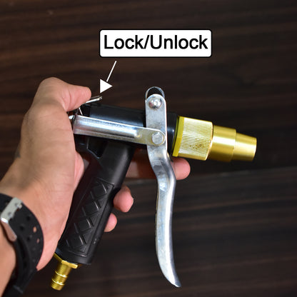 Gold Plated Metal Trigger Hose Nozzle Spray Gun with Adjustable Water Flow and Lock Pin for Garden, Car Washing and Cleaning