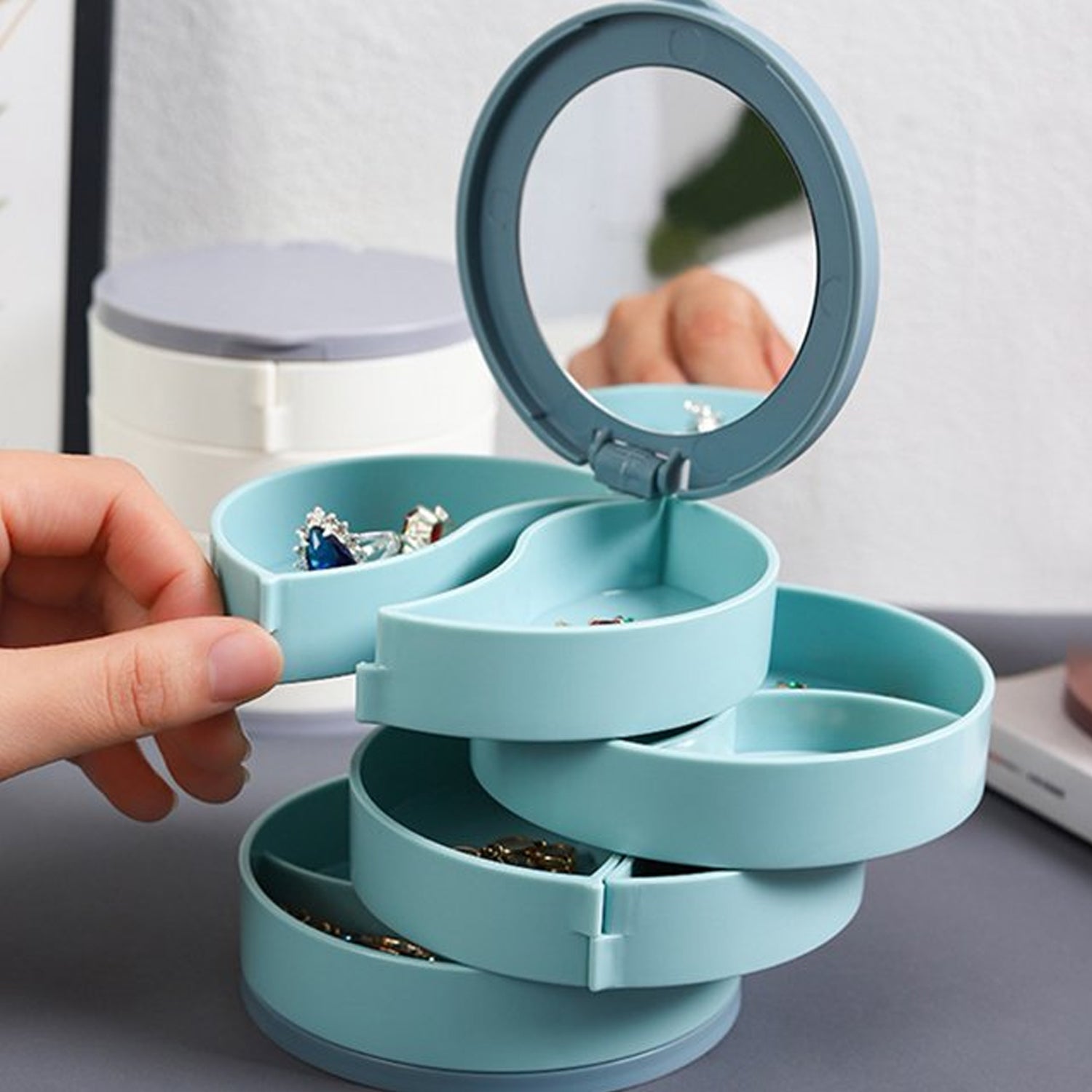 4 Layer 360 Degree Rotating Jewelry Storage Box with Mirror Portable Organizer for Rings Earrings Necklaces and Accessories (1 Pc)