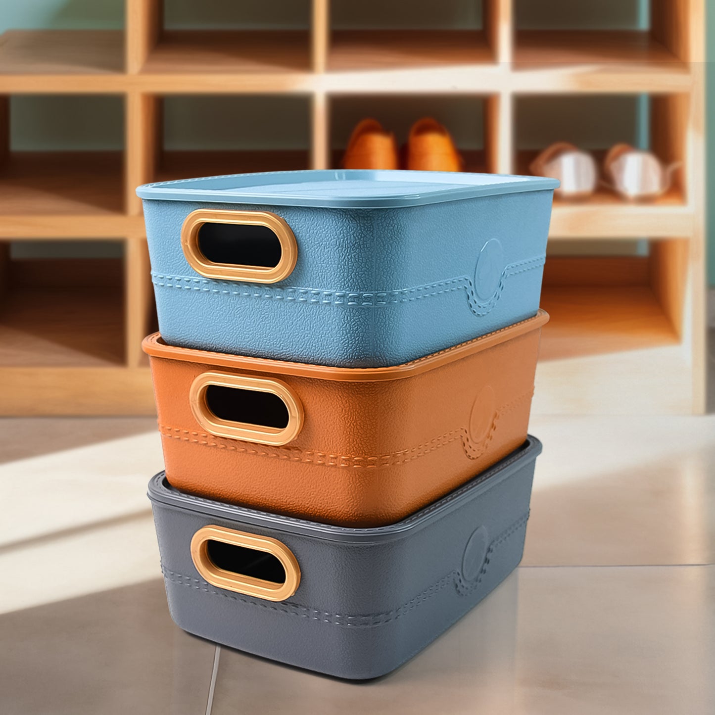 3 Piece Plastic Multipurpose Storage Basket Bin Set with Handle Cutouts Stackable Organizer for Clothes Toys Kitchen Bathroom Office and Home Storage (3 Pcs Set)