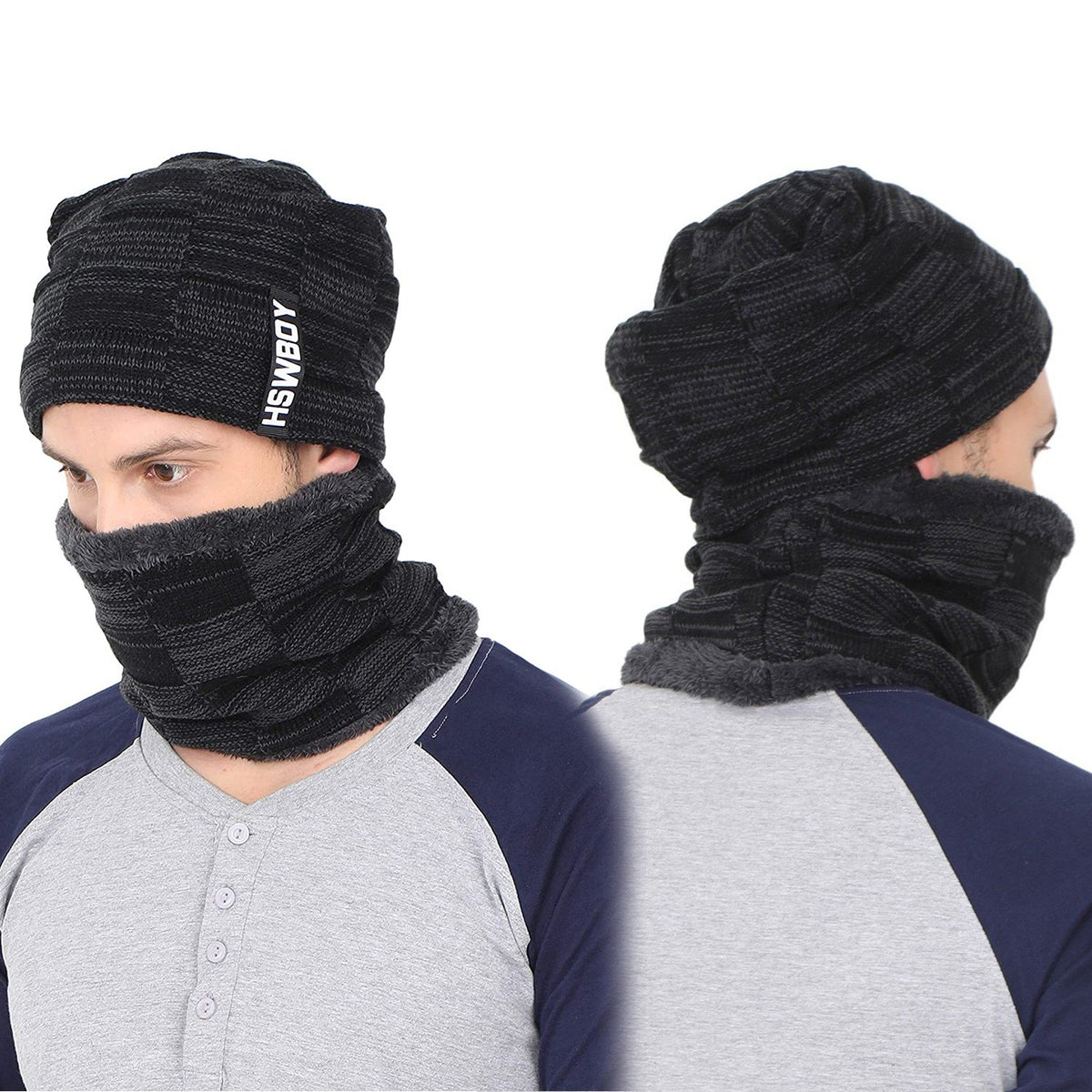 Ultra Soft Unisex Woollen Beanie Cap and Muffler Scarf Set Winter Thermal Knit Cap with Warm Fleece Lining