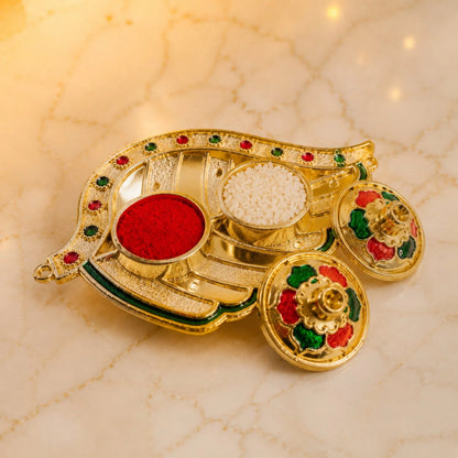 Shankh Shaped Kankavati Kumkum Holder, Decorative Golden Roli Chawal Box with Lidded Containers for Puja, Tilak, Home Temple and Festive Rituals (1 Pc)